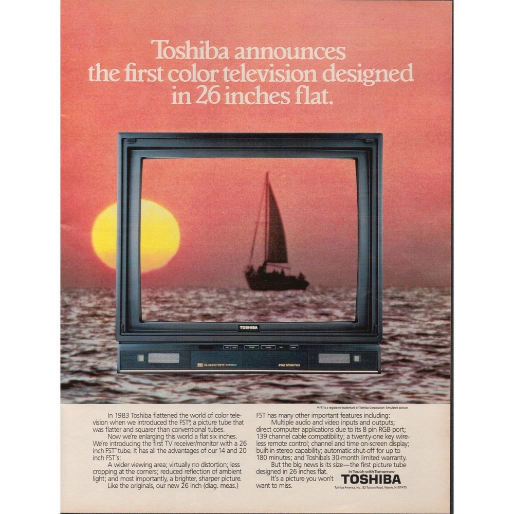 Toshiba Flat Screen Color Television Innovation Electronics Print Ad 1986